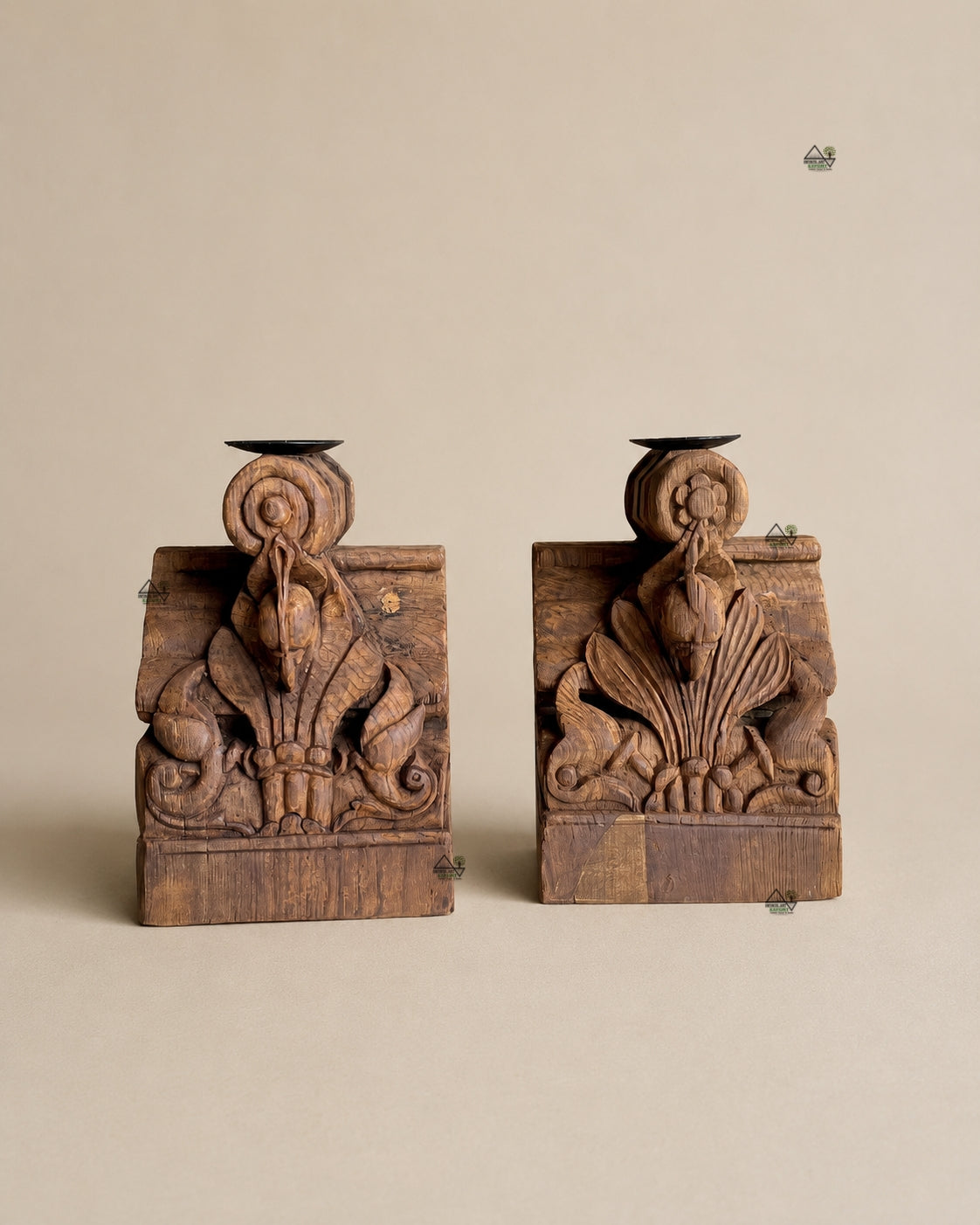 vintage teak wood parrot candle holders – set of 2