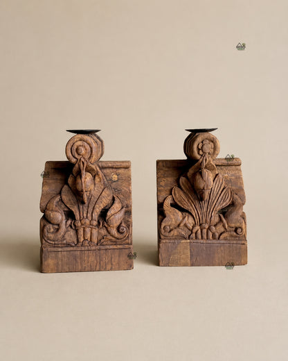 Vintage Teak Wood Parrot Candle Holders – Set of 2