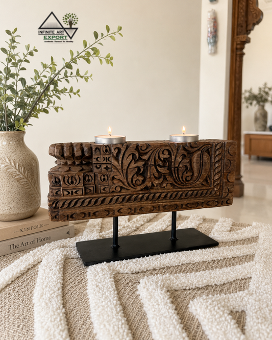 Vintage Carved Wooden Double Candle Holder on Iron Stand