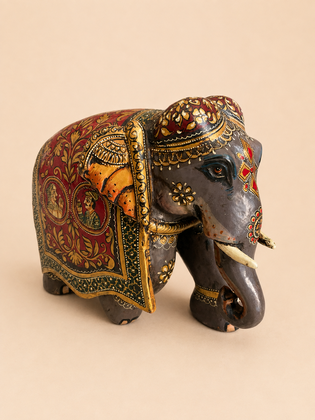 royal rajasthani hand-painted wooden elephant sculpture / raja rani painting elephant