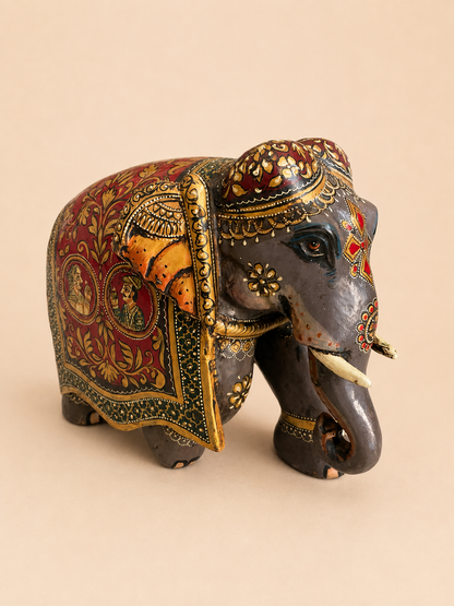 Royal Rajasthani Hand-Painted Wooden Elephant Sculpture / Raja Rani Painting Elephant