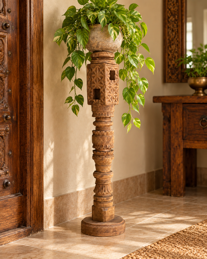 Vintage Hand-Carved Wooden Charpai Leg Candle Stand – Natural Wood Finish