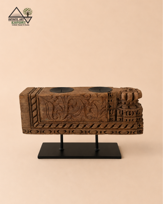 Vintage Carved Wooden Double Candle Holder on Iron Stand