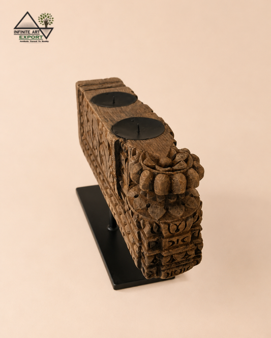 Vintage Carved Wooden Double Candle Holder on Iron Stand