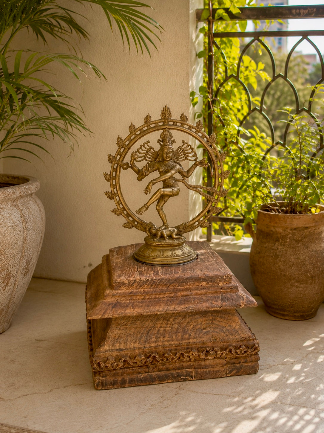 vintage hand-carved pillar base plant, statue & candle stand