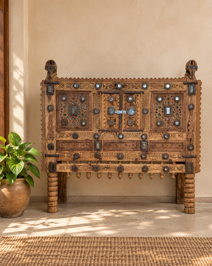 Vintage Kutch Gujarat Hand-Carved Wooden Dowry Chest Damchiya with Mirror Inlay & Iron Details