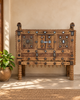 Vintage Kutch Gujarat Hand-Carved Wooden Dowry Chest Damchiya with Mirror Inlay & Iron Details