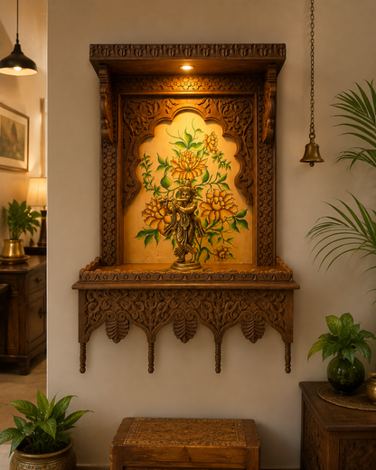 Handcrafted Solid Wood Wall Hanging Temple with LED Light