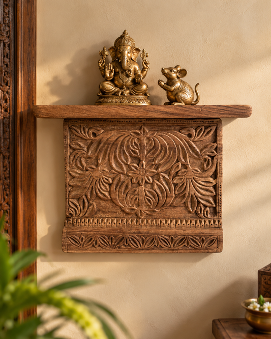 Antique Hand-Carved Floral & Leaf Motif Wooden Wall Shelf