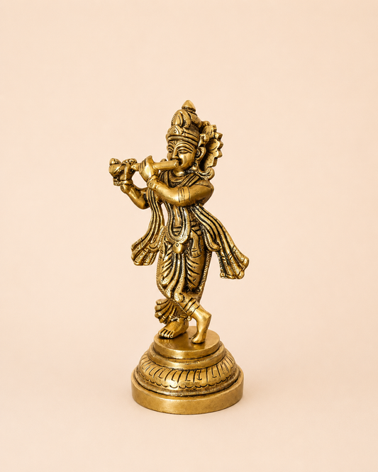 Vintage Wooden Carved Base with Brass Krishna Idol / Complete Set