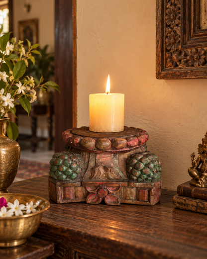 Vintage Hand-Carved Wooden Pillar Base Candle Holder