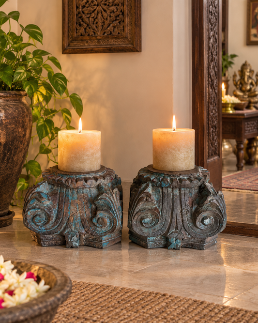 Vintage Distressed Hand-Carved Wooden Pillar Base Candle Holders / Planters - Set of 2