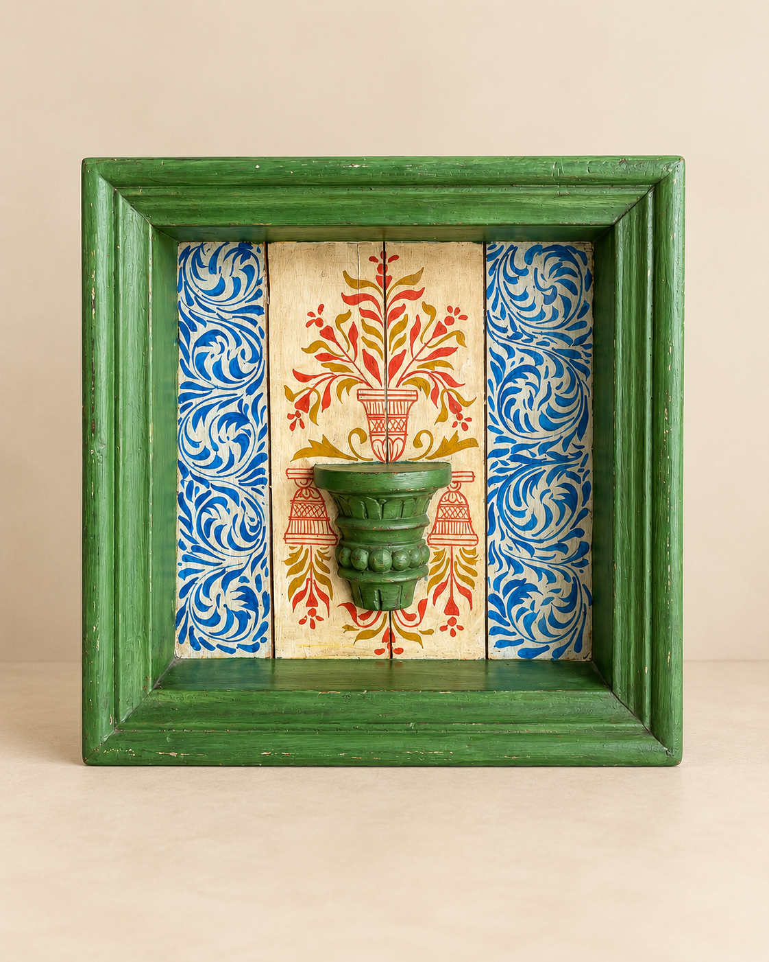 vintage hand-painted wooden jharokha display shelf