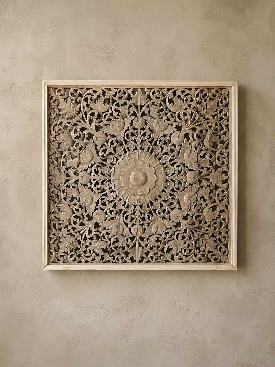 handcrafted floral medallion wall panel in solid mango wood