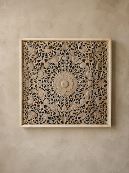 Handcrafted Floral Medallion Wall Panel in Solid Mango Wood