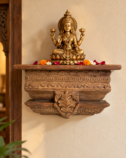 Fully Carved Floral Motif Wooden Corbel Wall Shelf