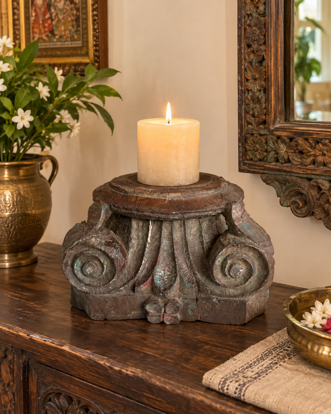 green distressed wooden pillar base candle holder / planter