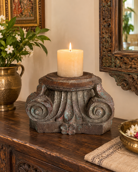Green Distressed Wooden Pillar Base Candle Holder / Planter