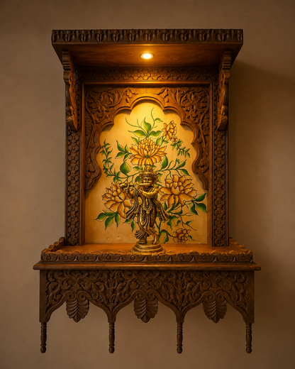 Handcrafted Solid Wood Wall Hanging Temple with LED Light