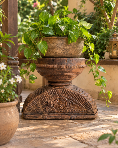 Vintage Intricately Hand-Carved Wooden Bowl Candle, Planter & Statue Holder