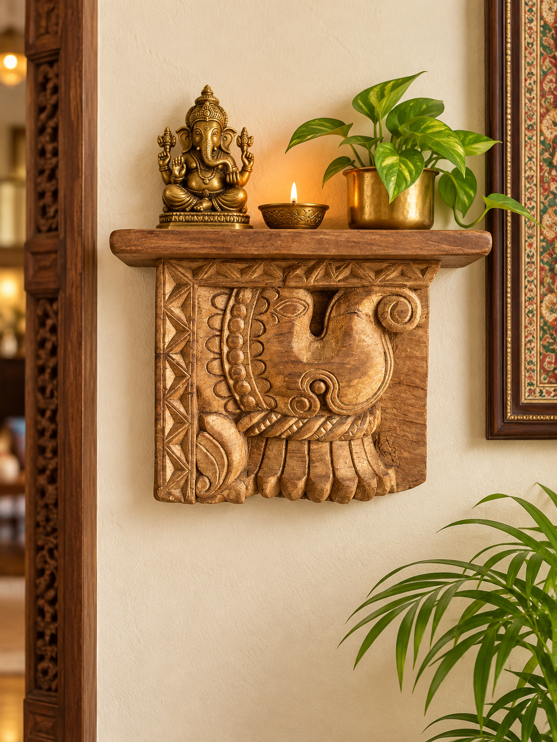 vintage hand-carved wooden elephant motif wall shelf