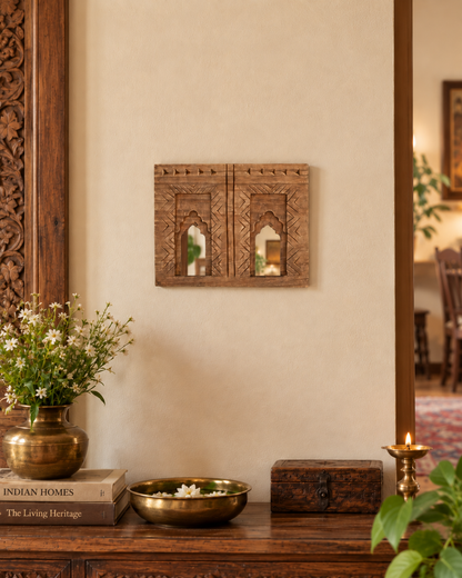 Hand-Carved Wooden Double Mirror Temple Frame
