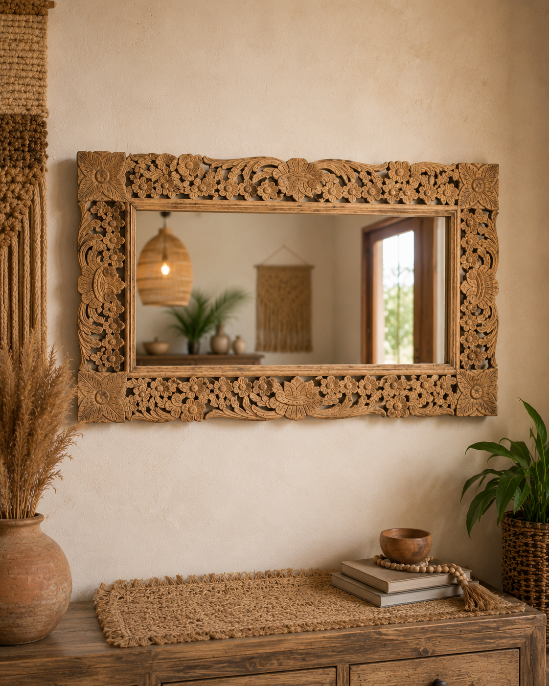 hand-carved floral wooden wall mirror frame – vertical & horizontal hanging
