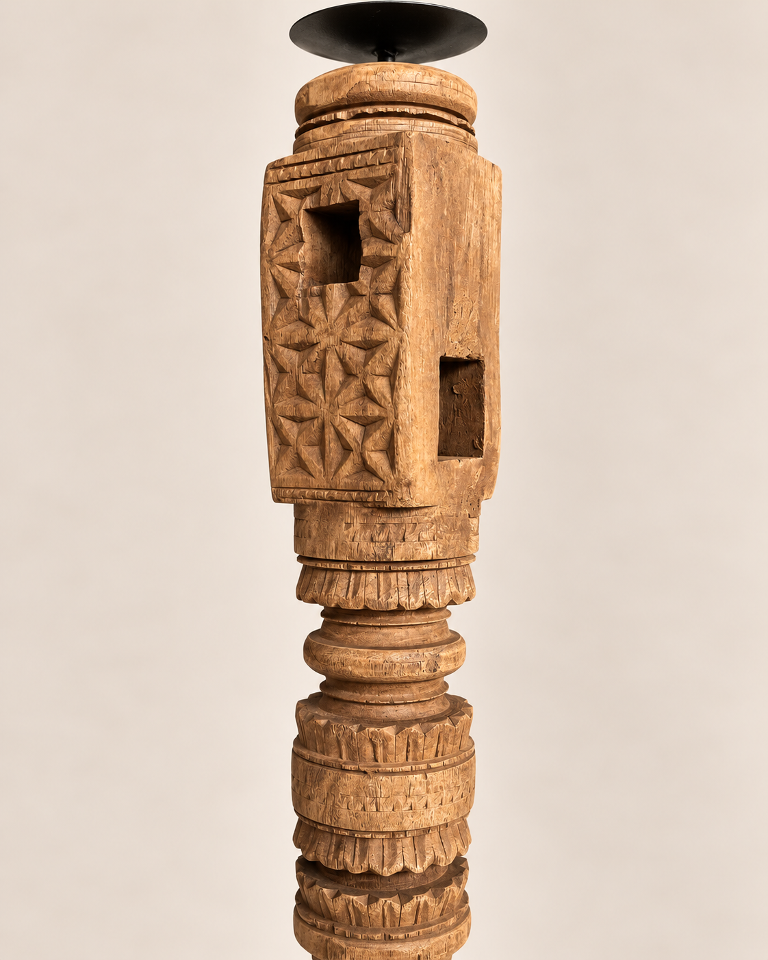 vintage hand-carved wooden charpai leg candle stand – natural wood finish