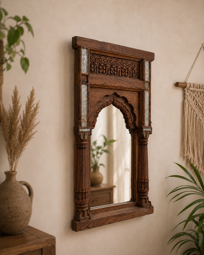 Heritage Temple Pillar Wall Mirror with Original Aged Glass