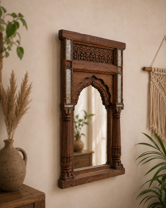 Heritage Temple Pillar Wall Mirror with Original Aged Glass