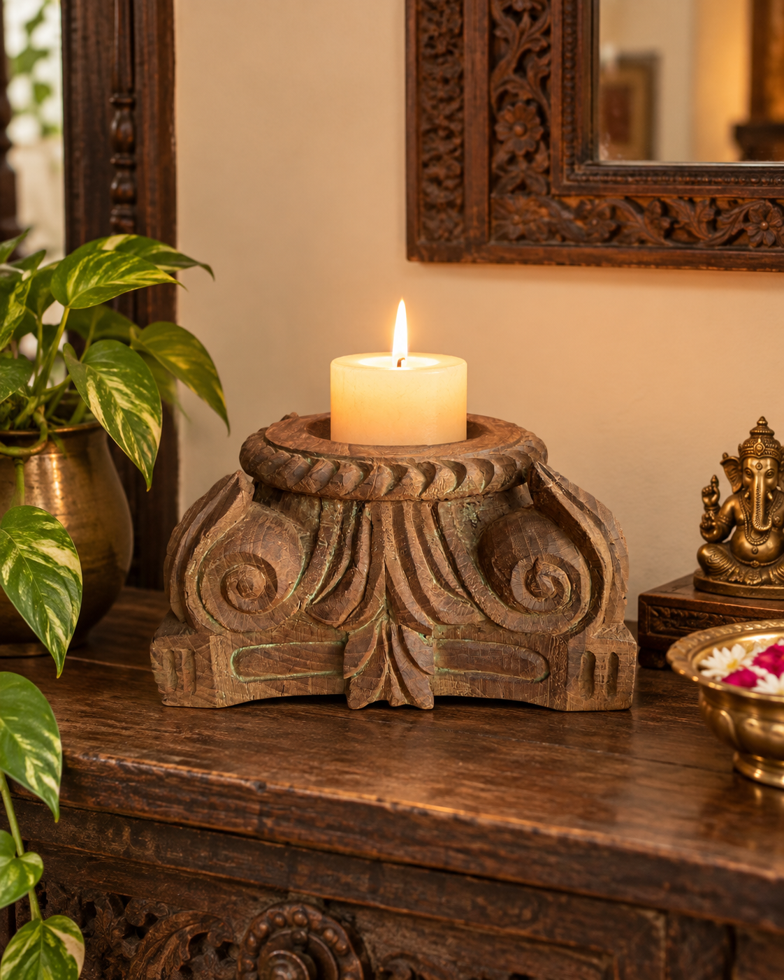 vintage gujarat hand-carved pillar base candle holder / planter