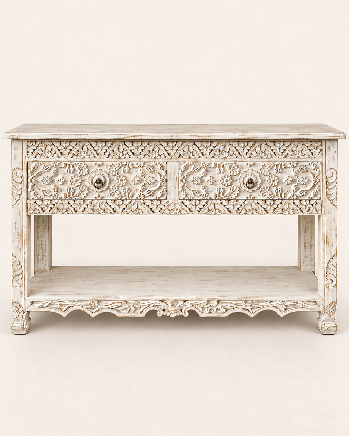 white hand-carved floral wooden console table with drawer