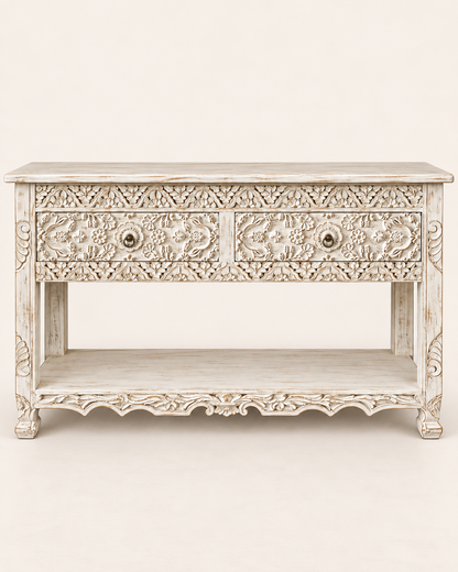 White Hand-Carved Floral Wooden Console Table with Drawer