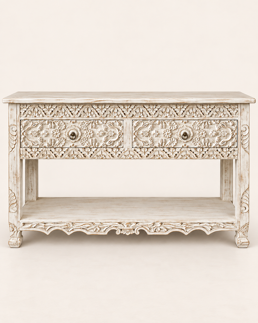 White Hand-Carved Floral Wooden Console Table with Drawer