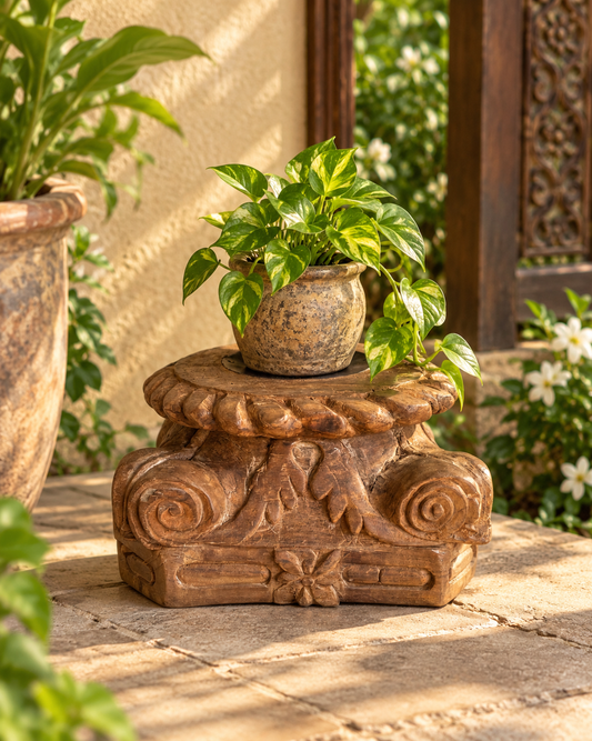 Vintage Hand-Carved Wooden Pillar Base Stand