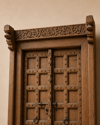 Vintage Hand-Carved Teak Wood Haveli Door