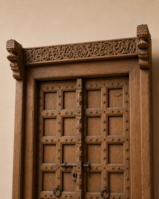 Vintage Hand-Carved Teak Wood Haveli Door