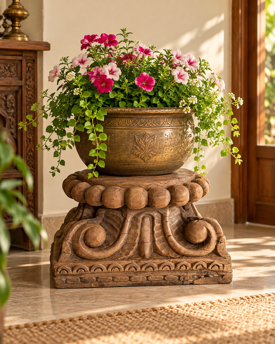 traditional indian carved wood pedestal