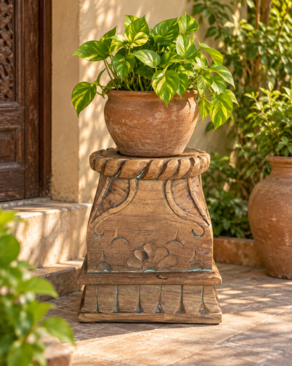 Vintage Carved Wooden Pillar Base with Floral & Leaf Motifs