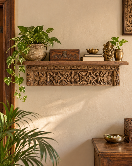 Antique Old Wood Floral Carved Wall Shelf