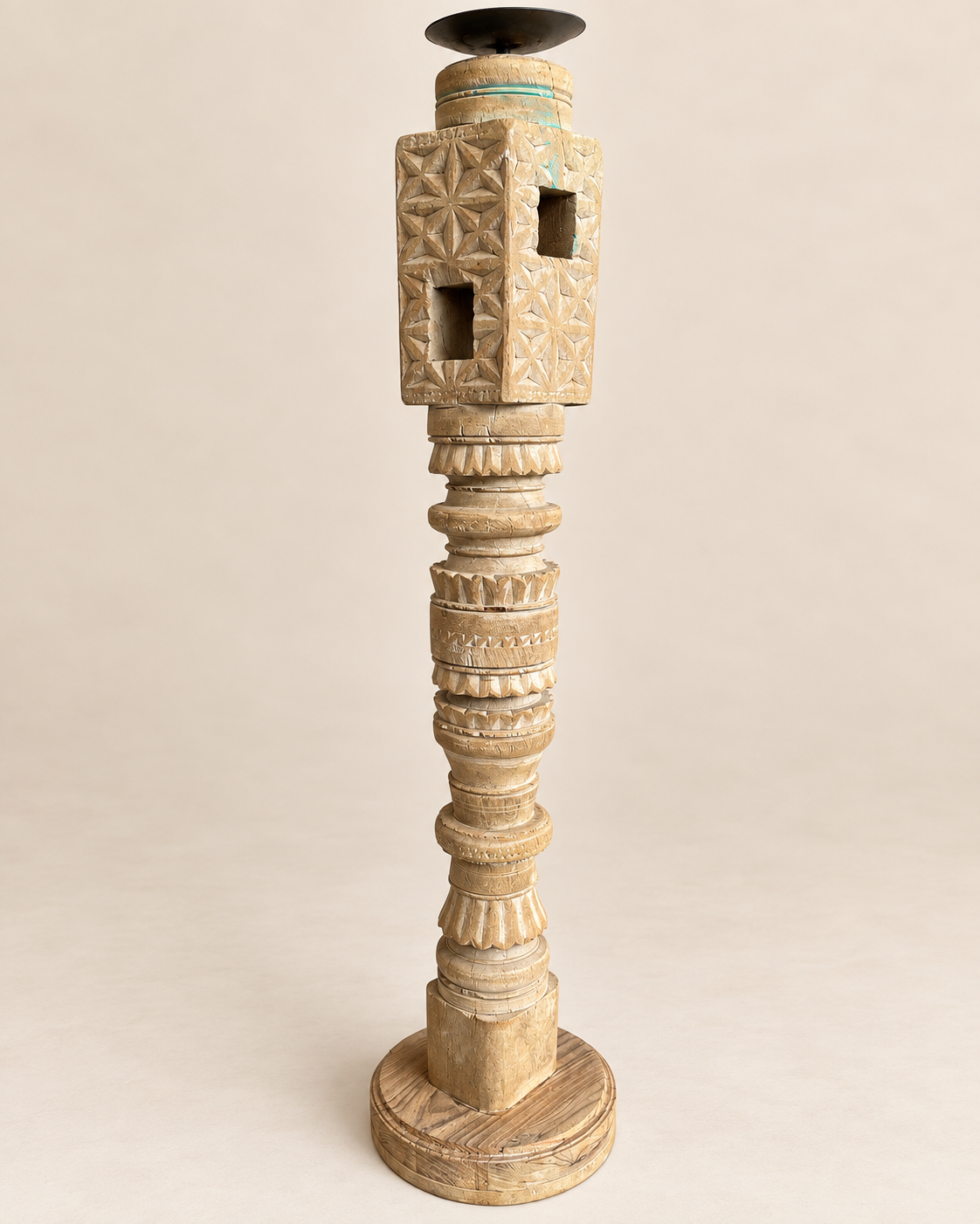 vintage hand-carved wooden charpai leg candle stand – bleach finish