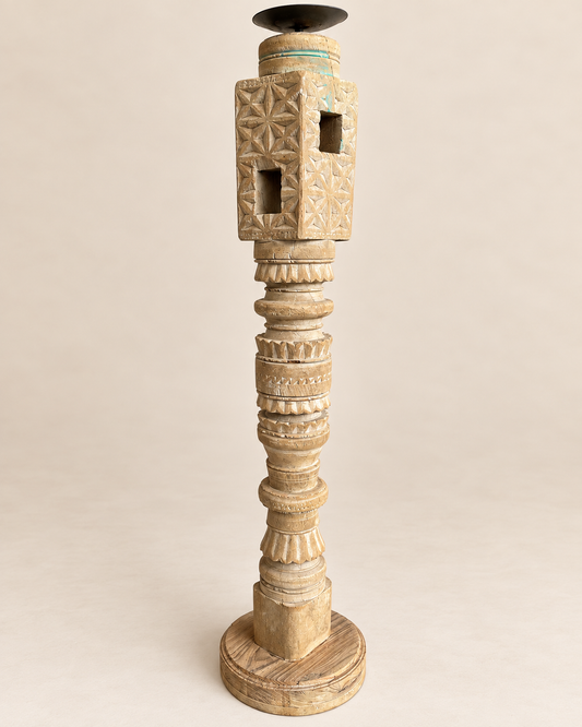 Vintage Hand-Carved Wooden Charpai Leg Candle Stand – Bleach Finish