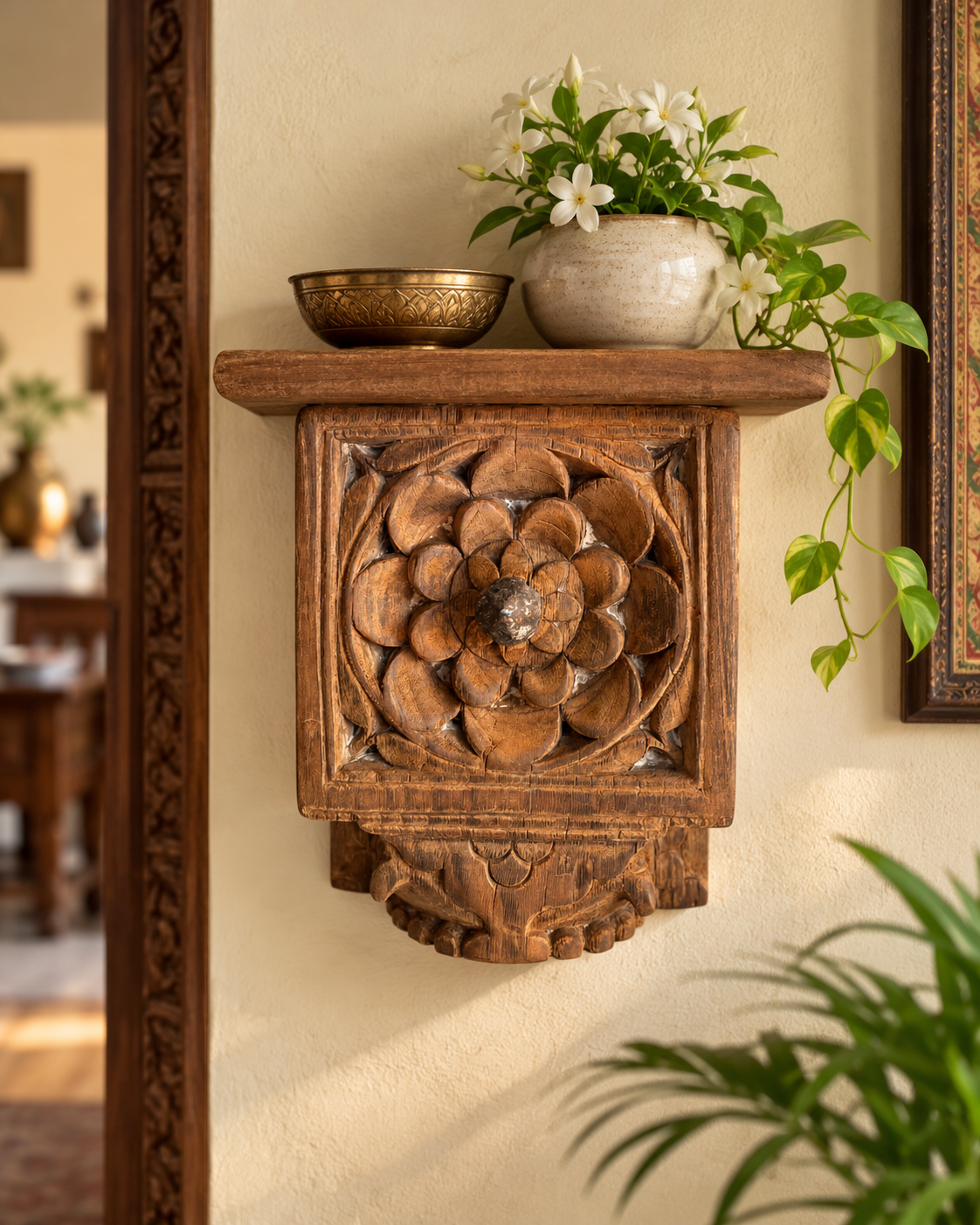 old hand-carved floral wooden wall shelf with iron nail