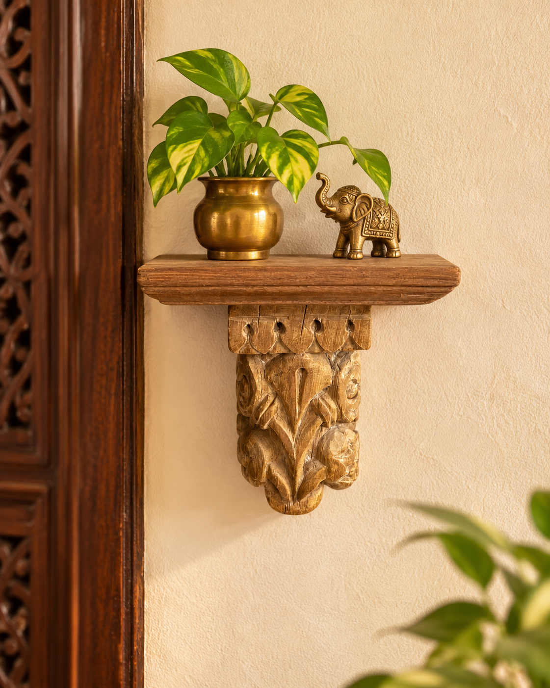antique hand-carved floral wooden corbel wall shelf