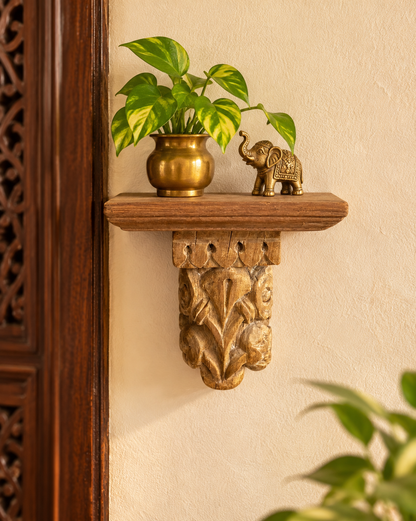 Antique Hand-Carved Floral Wooden Corbel Wall Shelf