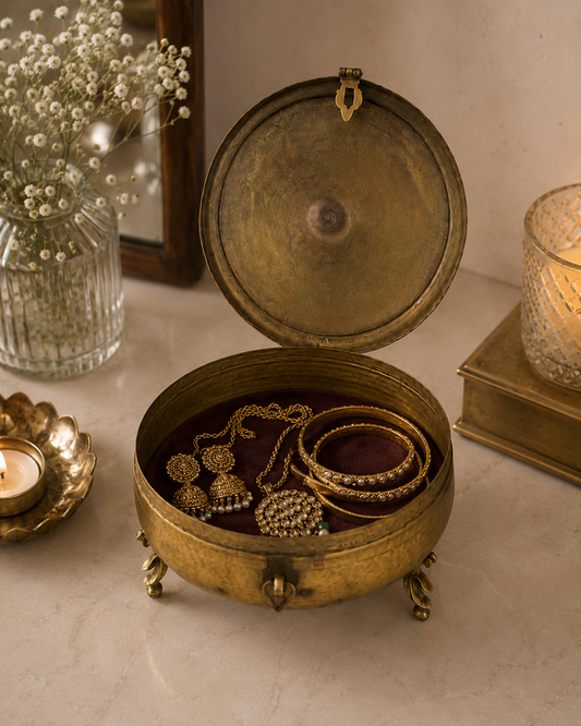 Antique Hand-Etched Brass Chapati Box with Decorative Three-Legged Base | Vintage Indian Storage Box