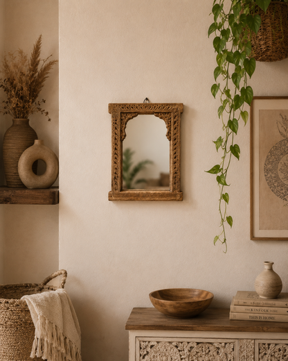 Vintage Hand-Carved Teak Wood Wall Hanging Mirror Frame