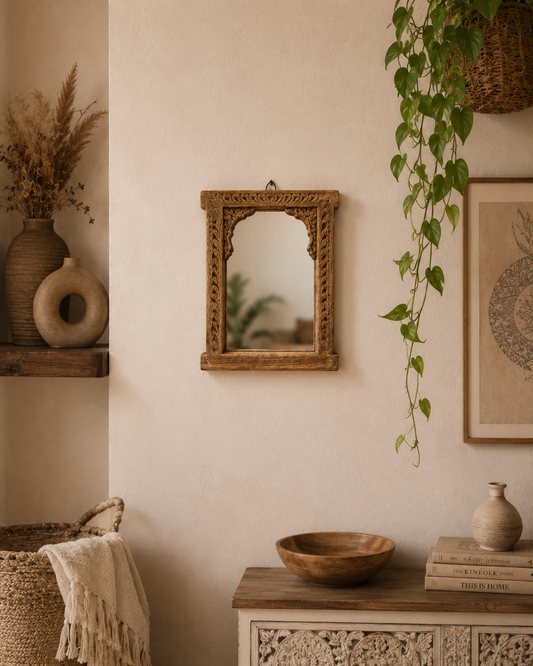 Vintage Hand-Carved Teak Wood Wall Hanging Mirror Frame
