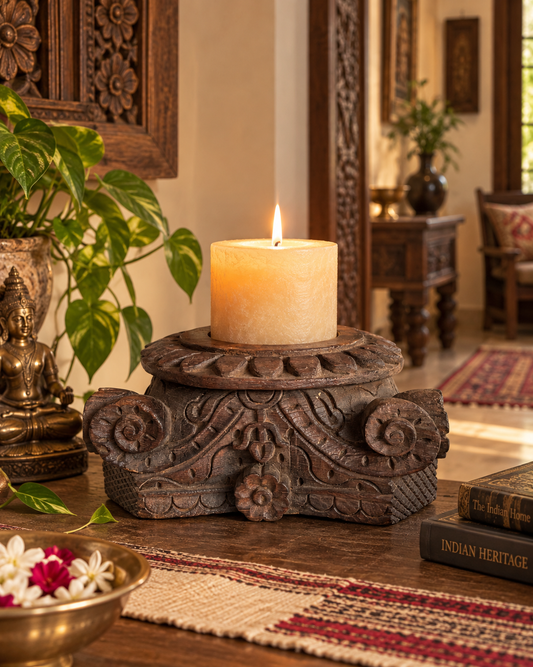 Vintage Gujarat Hand-Carved Wooden Pillar Base Candle Holder / Planter