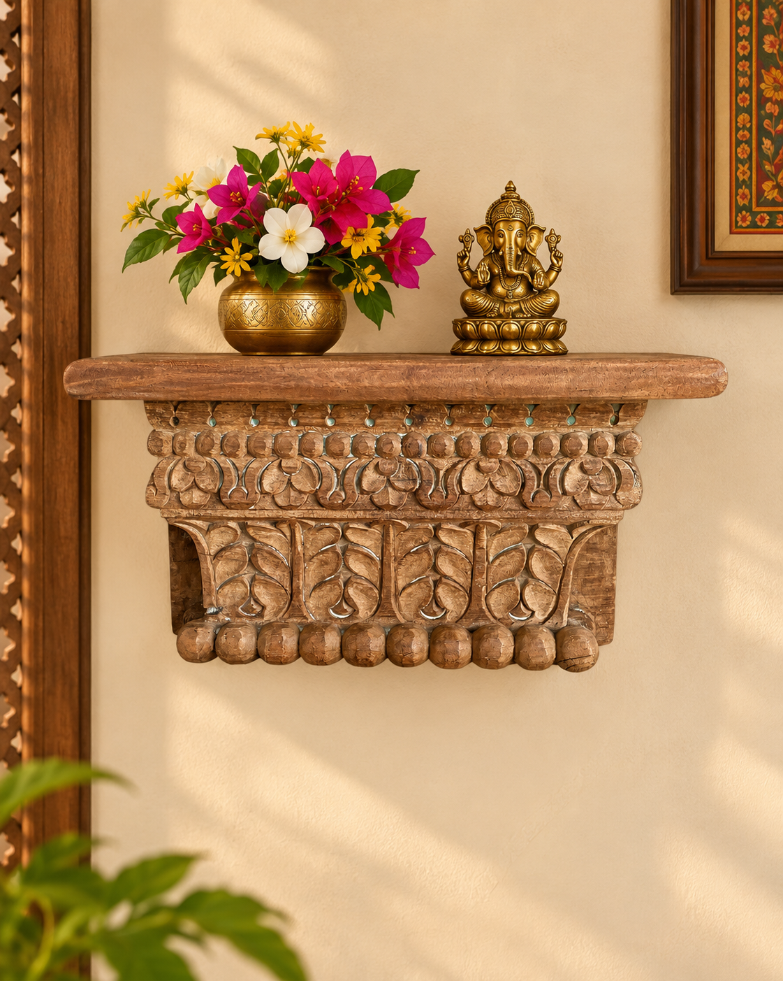 old hand-carved leaf design wall shelf / bracket